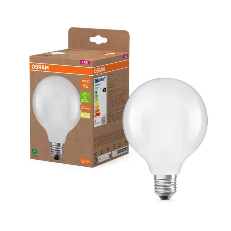 Ne maradj le LED izzó G95 gömb alakú E27 5W = 75W 2700K 1055lm Meleg 330° Izzószálas KLASSZIKUS ENERGIAHATÉKONYSÁG Osram