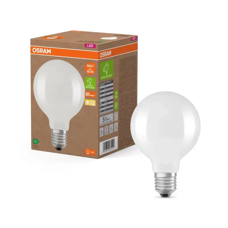 LED izzó G95 gömb alakú E27 3,8 W = 60 W 2700 K 806 lm Meleg 300° Izzószálas KLASSZIKUS ENERGIAHATÉKONYSÁG Osram Népszerű