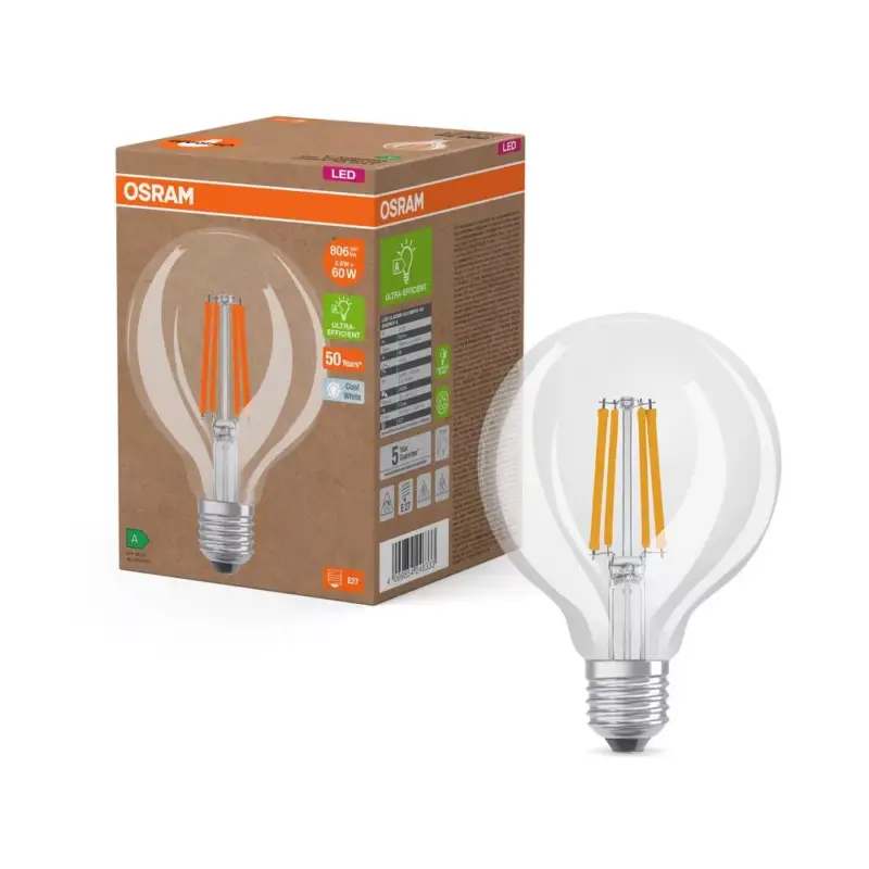 Bestseller LED izzó G95 gömb alakú E27 3,8 W = 60 W 806 lm 4000 K semleges 300° izzószálas KLASSZIKUS ENERGIAHATÉKONYSÁG Osram