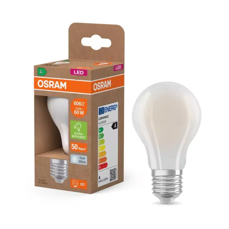 Árcsökkenés LED izzó A60 E27 3.8W = 60W 806lm 4000K Semleges 320° Izzószálas KLASSZIKUS ENERGIAHATÉKONYSÁG Osram