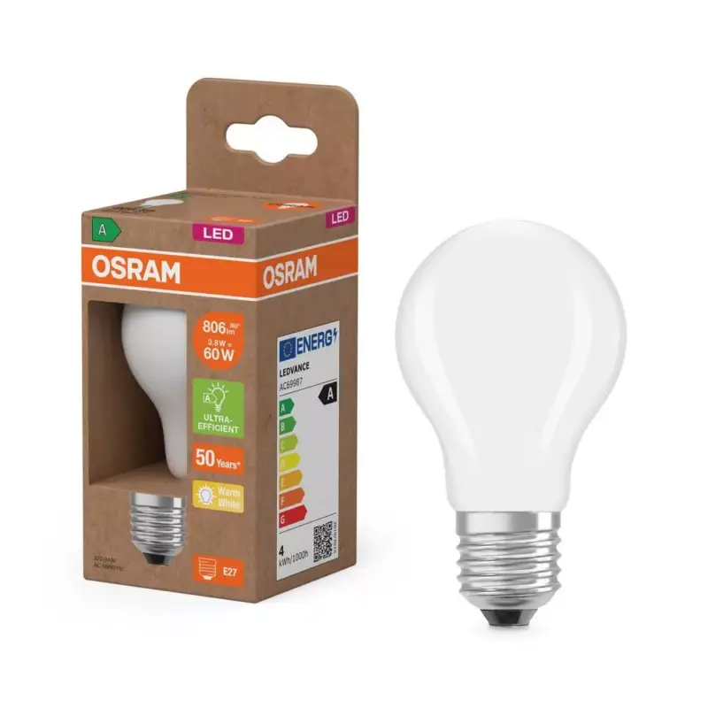 LED izzó A60 E27 3.8W = 60W 2700K 806lm Meleg 300° Izzószálas KLASSZIKUS ENERGIAHATÉKONYSÁG Osram Legkelendőbb