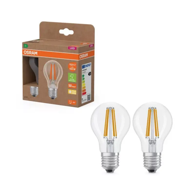 Vedd meg most 2x LED izzó A60 E27 7.2W = 100W 2700K 1521lm Meleg 300° Izzószálas KLASSZIKUS ENERGIAHATÉKONYSÁG Osram
