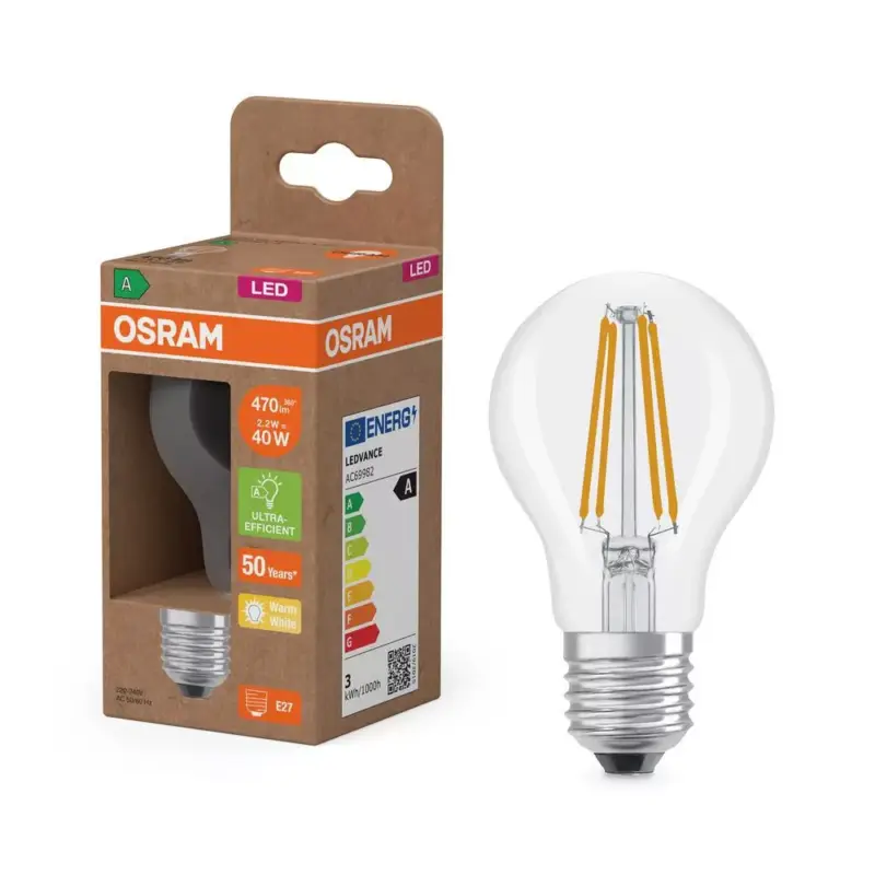 Szezonális akció LED izzó A60 E27 2.2W = 40W 470lm 2700K Meleg 300° Izzószálas KLASSZIKUS ENERGIAHATÉKONYSÁG Osram