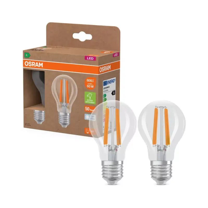 2x LED izzó A60 E27 3.8W = 60W 806lm 4000K Semleges 320° Izzószálas KLASSZIKUS ENERGIAHATÉKONYSÁG Osram Biztonságos vásárlás