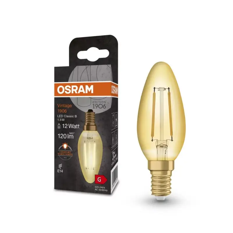 LED dekoratív izzó B35 gyertya E14 1.5W = 12W 120lm 2400K Meleg 300° Vintage 1906 Osram Újdonság
