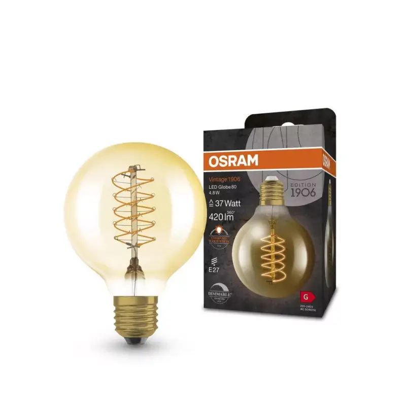 Outlet LED dekoratív izzó G80 gömb alakú E27 4,8 W = 37 W 420 lm 2200 K Meleg 320° Izzószálas, szabályozható fényerővel, Vintage 1906 Osram