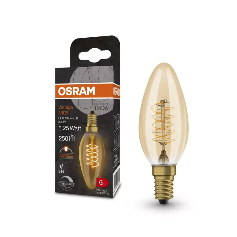 LED dekoratív izzó B35 gyertya E14 3.4W = 25W 250lm 2200K Meleg 320° Izzószálas, szabályozható fényerővel Vintage 1906 Osram Exkluzív ajánlat