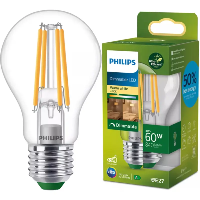 Biztonságos vásárlás LED izzó E27 A60 4W = 60W 840lm 210lm/W Meleg 2700K 300° Szabályozható, A OSZTÁLYÚ, UltraEfficient Philips