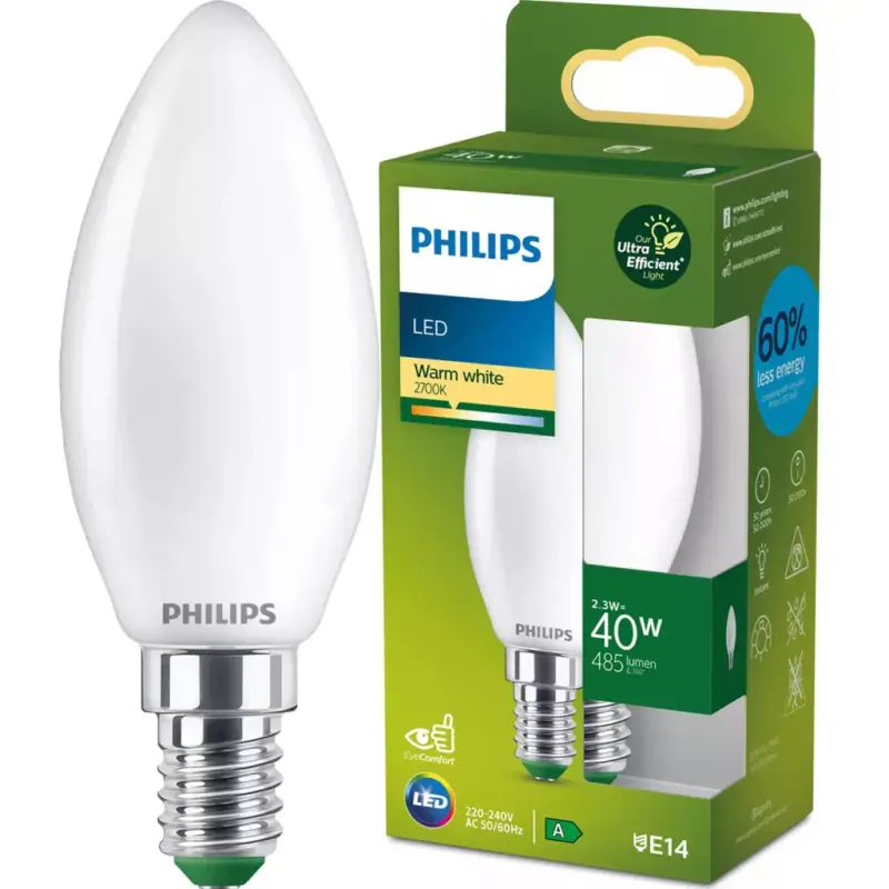 Legkelendőbb LED izzó E14 gyertya B35 2.3W = 40W 485lm 210lm/W 2700K Meleg 300° A osztályú UltraEfficient Philips
