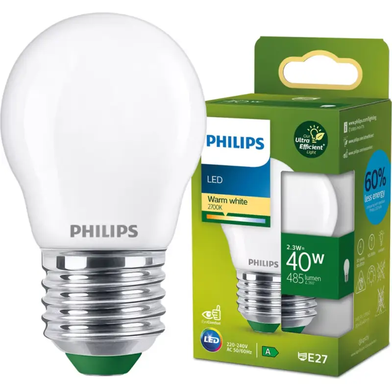 LED izzó E27 gömb alakú P45 2,3 W = 40 W 485 lm 210 lm/W 2700 K Meleg 300° A OSZTÁLYÚ UltraEfficient Philips Újdonság