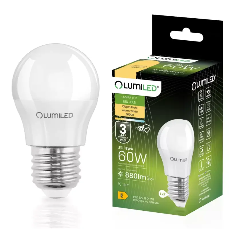 E27 LED izzó KIS GOMBÓC 8W = 60W 3000K 880lm Meleg Színű CCD Fehér LUMILED Alacsony ár