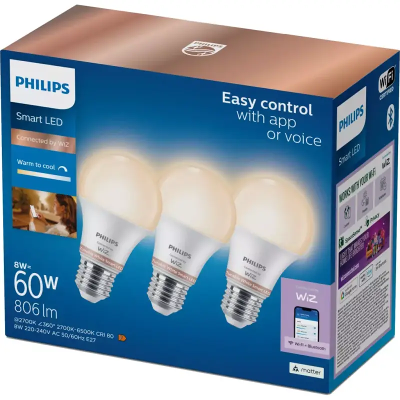 3x LED izzó E27 A60 8W = 60W 806lm 2700-6500K TW Intelligens OKOS WiFi Bluetooth WiZ App Philips Biztonságos fizetés