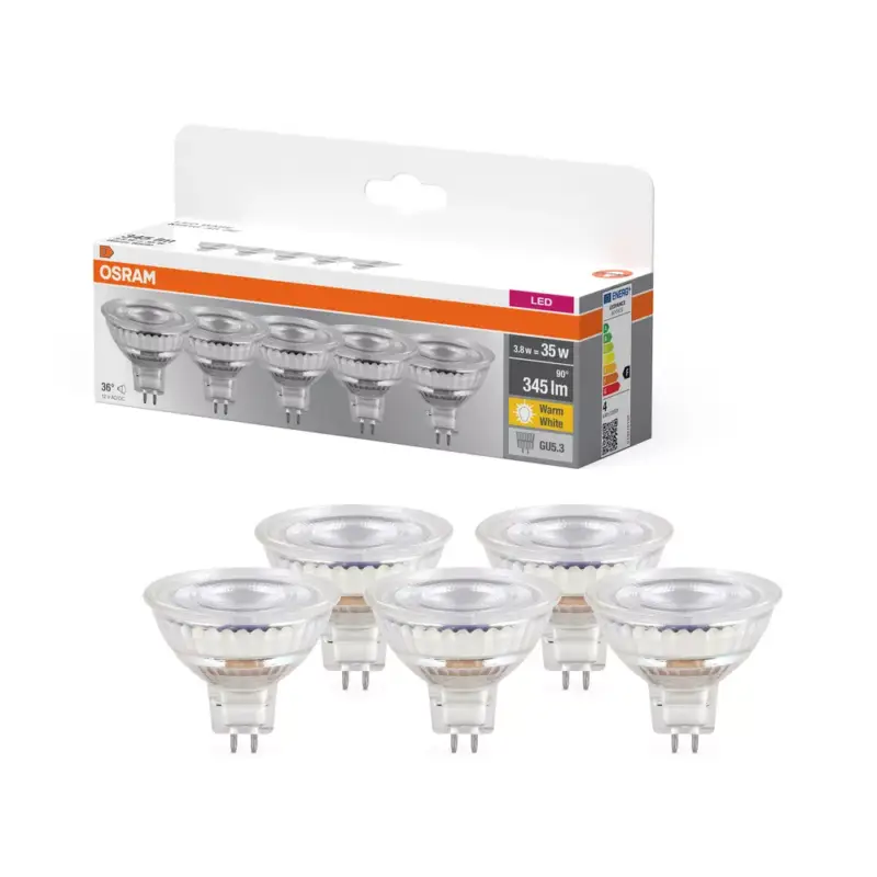 Akció 5x LED izzó MR16 reflektor GU5.3 3.8W = 35W 345lm 2700K meleg fehér 12V 36°-os foglalat Osram