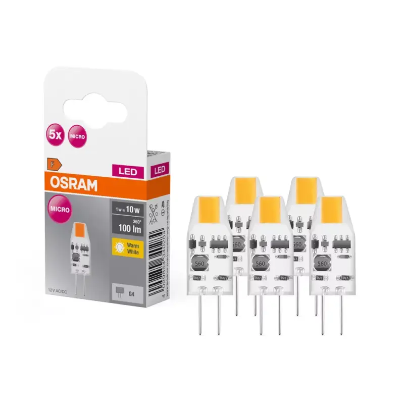 5x LED izzó kapszula G4 1W = 10W 100lm 2700K Meleg 12V 320° foglalat Osram Biztonságos fizetés