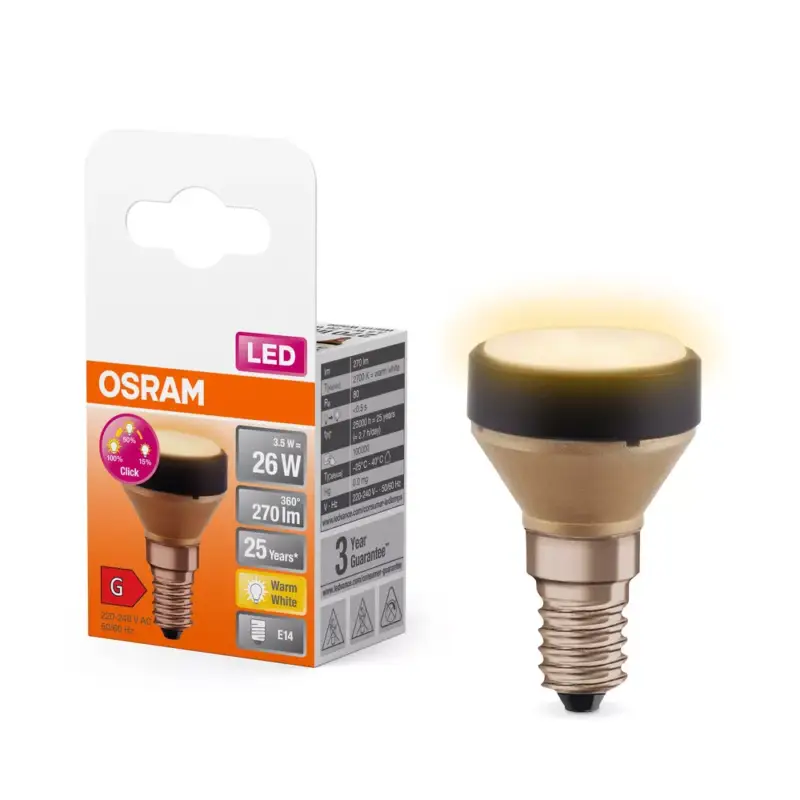 Ne maradj le LED izzó reflektor E14 3.5W = 26W 270lm 2700K Meleg 100°-os fényerőszabályozható lapos lámpa Osram