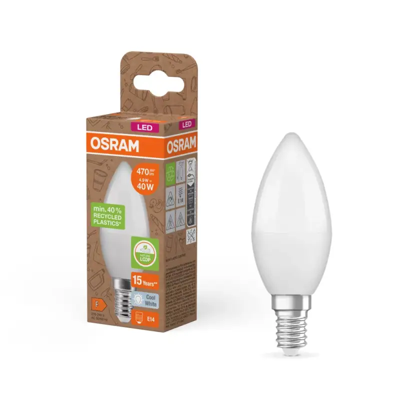 Gyors szállítás LED izzó B37 gyertya E14 4.9W = 40W 470lm 4000K semleges 220° Osram PCR lámpák