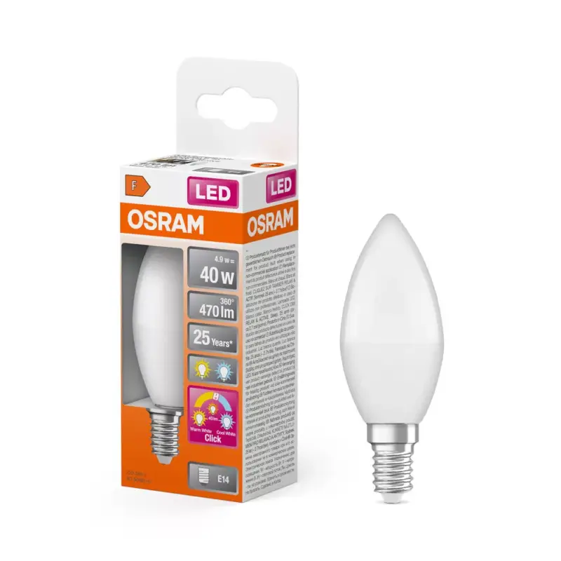 Olcsó LED izzó B37 gyertya E14 4.9W = 40W 470lm 2700-4000K CCT 200° Relax Active and Sleep CLASSIC Osram