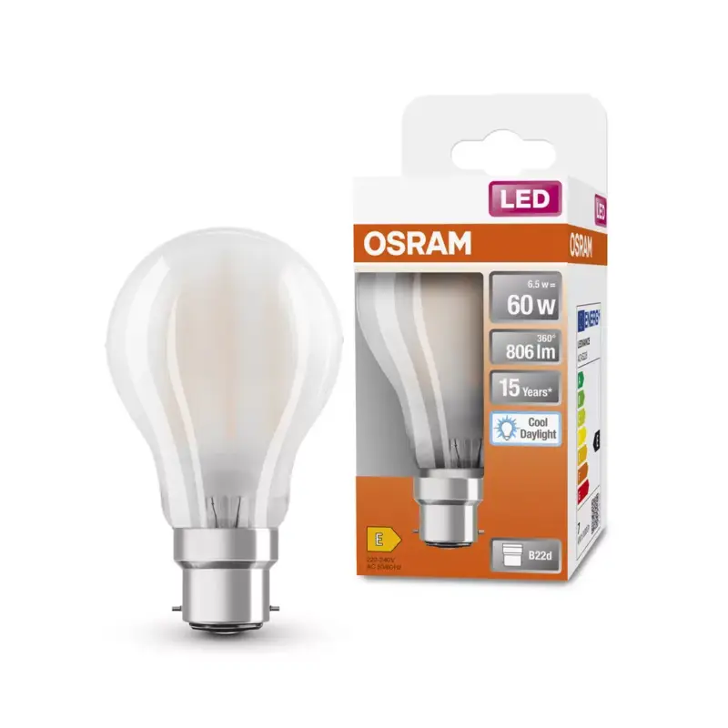 Ajánlat LED izzó A60 B22d 6.5W = 60W 806lm 6500K Hideg 300° Retrofit Filament CLASSIC Osram