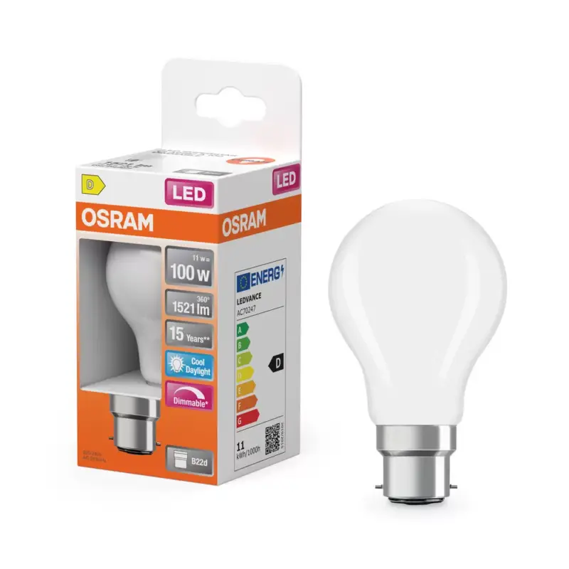 Bestseller LED izzó A60 B22d 11W = 100W 1521lm Hideg 6500K Hideg 300° Szabályozható Retrofit Filament CLASSIC Osram