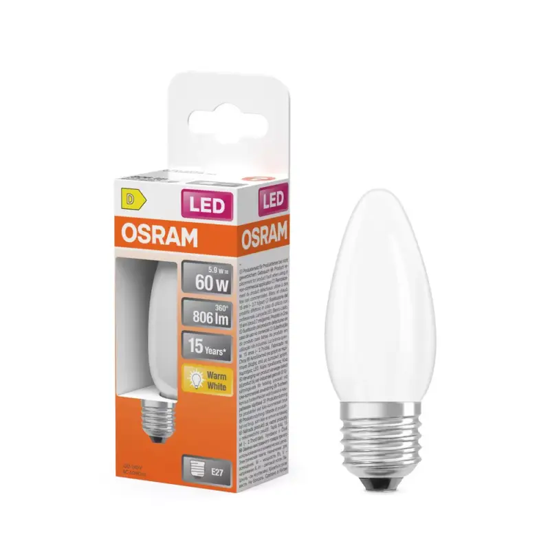 Szuper akció LED izzó B35 gyertya E27 5.5W = 60W 806lm 2700K Meleg 300° Retrofit Filament CLASSIC Osram