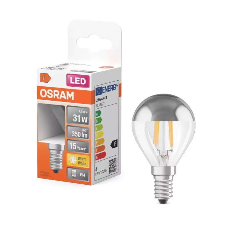 Ajánlat LED izzó P45 gömb alakú E14 4W = 31W 350lm 2700K Meleg 300° Ezüst Retrofit Filament CLASSIC Osram
