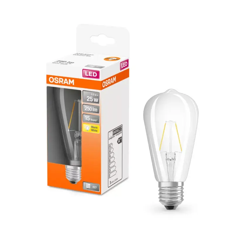 LED izzó ST64 E27 2,5 W = 25 W 250 lm 2700 K Meleg 300° Retrofit Filament CLASSIC Osram Expressz szállítás