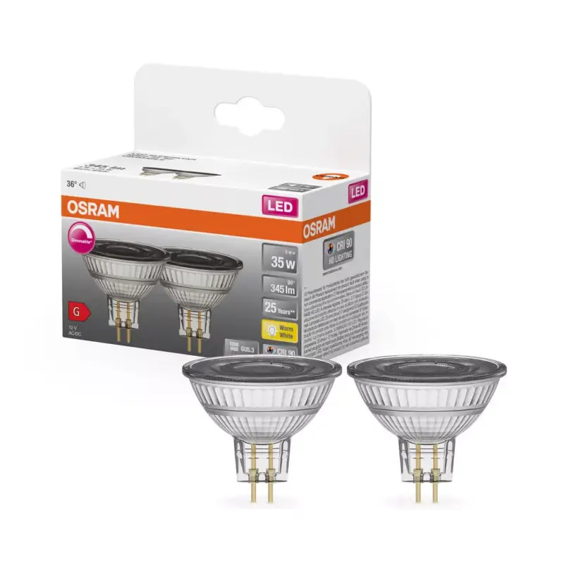 2x LED izzó MR16 reflektor GU5.3 5W = 35W 345lm 2700K Meleg CRI90 12V 36° Szabályozható SUPERSTAR Osram Alacsony ár