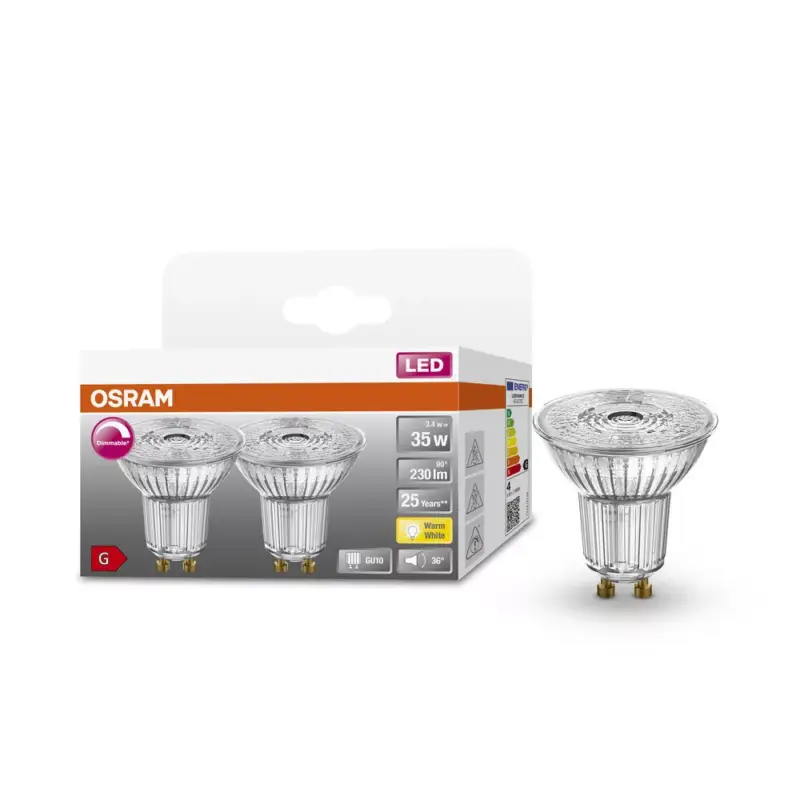 Bestseller 2x LED izzó PAR16 spotlámpa GU10 3.4W = 35W 230lm 2700K Meleg CRI90 36° Szabályozható SUPERSTAR Osram