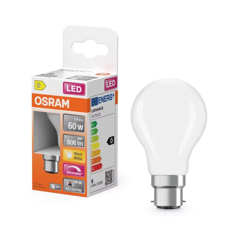 Olcsó LED izzó P45 gömb alakú B22d 5.5W = 60W 806lm 2700K Meleg CRI90 300° Izzószálas, szabályozható fényerejű SUPERSTAR PLUS CLASSIC Osram