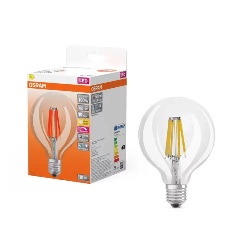 Expressz kézbesítés LED izzó G95 gömb alakú E27 11W = 100W 1521lm Meleg 2700K Meleg CRI90 300° Izzószálas, szabályozható fényerejű SUPERSTAR PLUS CLASSIC Osram