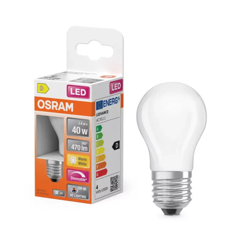 Különleges ajánlat LED izzó P45 gömb alakú E27 3.4W = 40W 470lm Meleg 2700K CRI90 300° Izzószálas, szabályozható fényerejű SUPERSTAR PLUS CLASSIC Osram