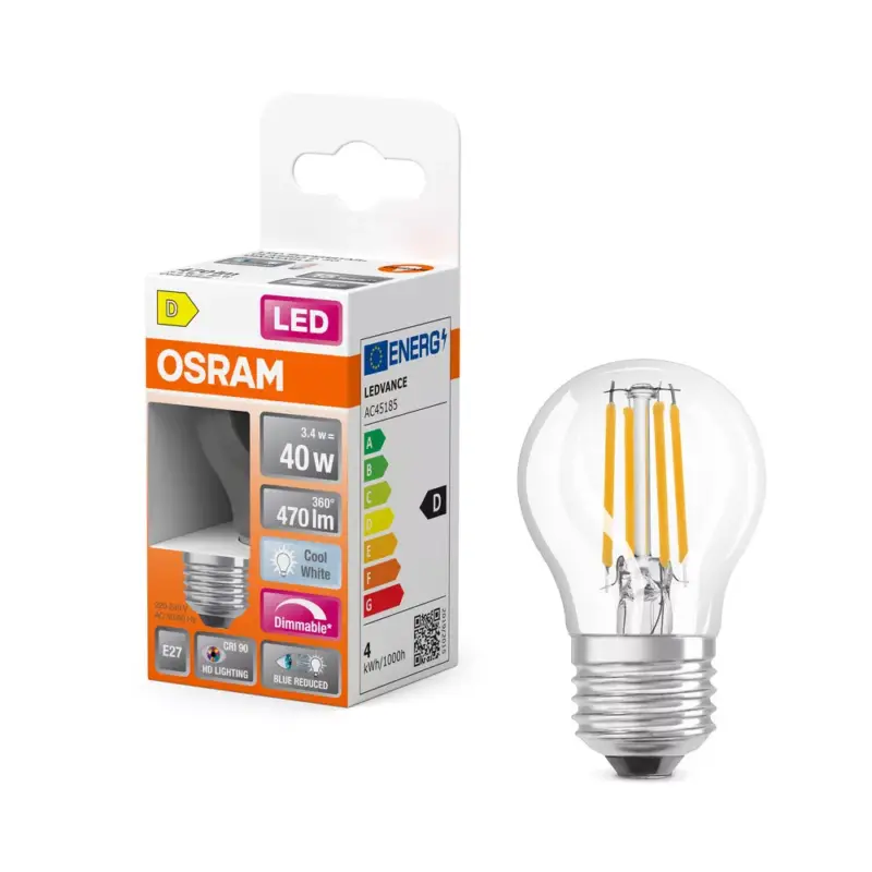 Kedvezményes ár LED izzó P45 gömb alakú E27 3.4W = 40W 470lm 4000K Semleges CRI90 300° Izzószálas, szabályozható fényerővel SUPERSTAR PLUS CLASSIC Osram