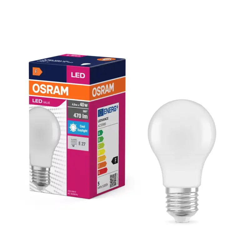 Korlátozott ajánlat LED izzó A60 E27 4,9 W = 40 W 470 lm 6500 K Hideg 150° VALUE CLASSIC Osram