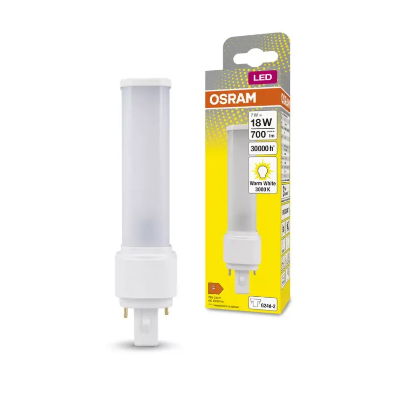 Legnépszerűbb LED fénycső, egyoldalas, G24d-2, 7W = 18W, 700lm, 3000K, meleg, 120°, DULUX LED D EM és AC, Osram