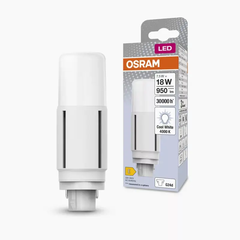 LED fénycső, egyoldalas, G24d, 7,5 W = 18 W, 950 lm, 4000 K, semleges, 300°, DULUX LED D VT EM és AC, Osram Legnépszerűbb