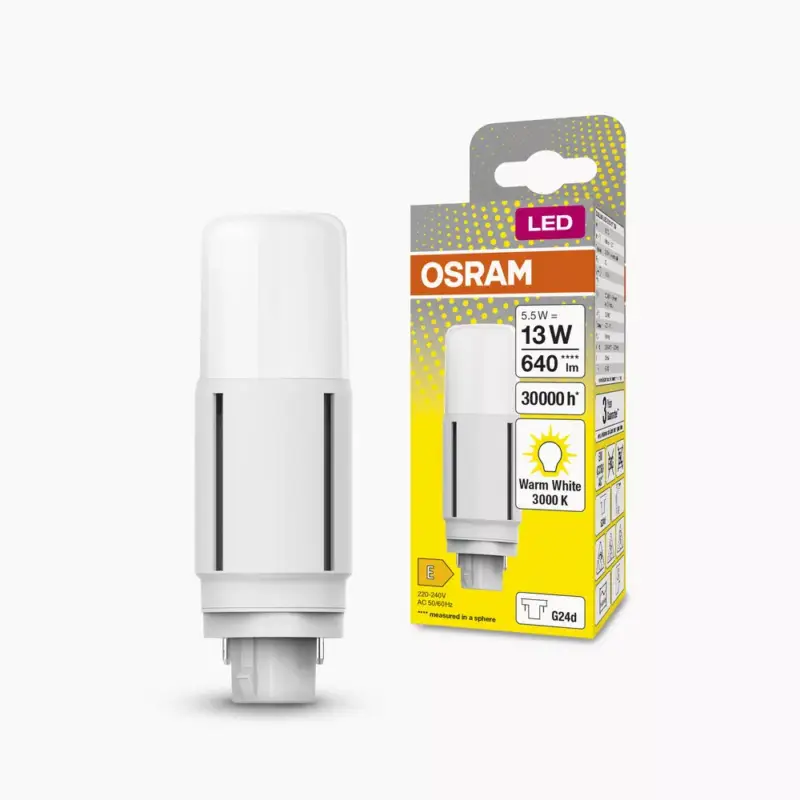 LED fénycső, egyoldalas, G24d, 5,5 W = 13 W, 640 lm, 3000 K, meleg, 300°, DULUX LED D VT EM és AC, Osram Ajánlat