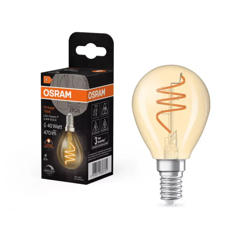 Újdonság LED dekoratív izzó P45 gömb alakú E14 4,9 W = 40 W 470 lm 2200 K Meleg CRI90 300° Borostyánszínű izzószál, szabályozható fényerővel, Vintage 1906 Osram
