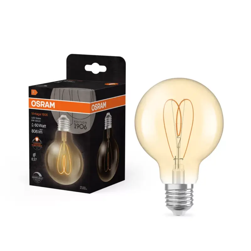 LED dekoratív izzó G80 gömb alakú E27 8W = 60W 806lm 2200K Meleg CRI90 300° Borostyánsárga, szabályozható fényerővel Vintage 1906 Osram Bestseller