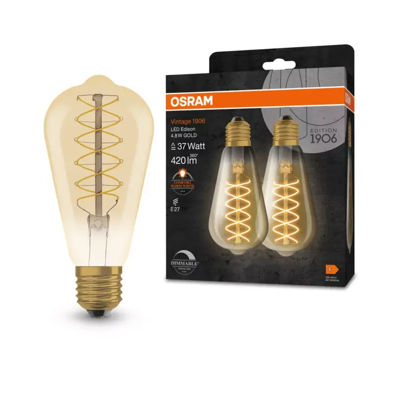 2x Dekoratív LED izzó ST64 Edison E27 4.8W = 37W 420lm 2200K Meleg 320° Izzószálas, Szabályozható Fényerősségű Vintage 1906 Osram Csak ma
