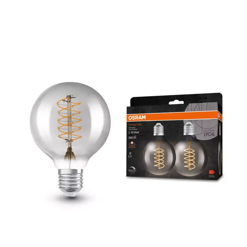Kihagyhatatlan ajánlat 2x Dekoratív LED izzó G80 gömb alakú E27 7.8W = 30W 360lm 1800K Meleg 320° Füstölt Izzószálas Szabályozható Vintage 1906 Osram