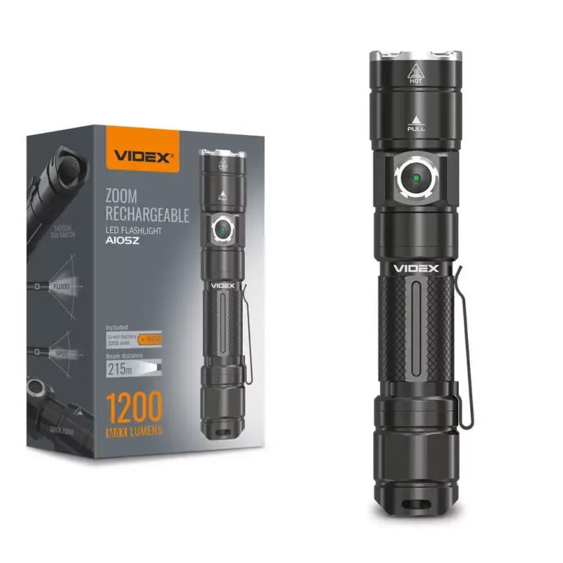 Szuper ajánlat Újratölthető LED kézi zseblámpa 10W 1200lm Zoom 6 üzemmód USB-C IP44 Videx