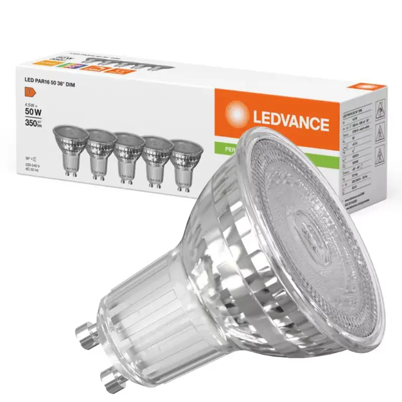 5x LED izzó spotlámpa GU10 PAR16 4.5W = 50W 350lm 2700K Meleg 36° CRI90 Szabályozható Ledvance Biztonságos fizetés