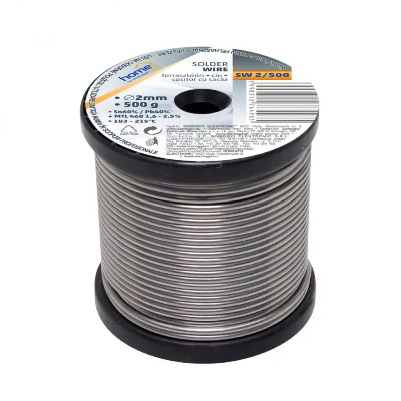 Szuper ajánlat Home SW 2/500 forrasztóón, 2mm, 500g, európai gyártótól származó kiváló minőségű forrasztóón, összetétel: SN/PB: 60/40%, gyanta: 2,0%