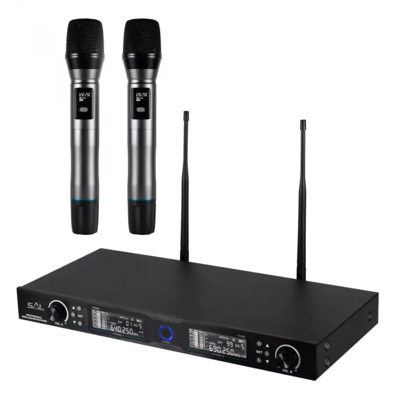 Prémium SAL MVN 910 vezeték nélküli mikrofonszett, digitális zajszűrés, 2x100 csatorna, ~140 m hatótáv, UHF frekvenciasáv, rack kompatibilis