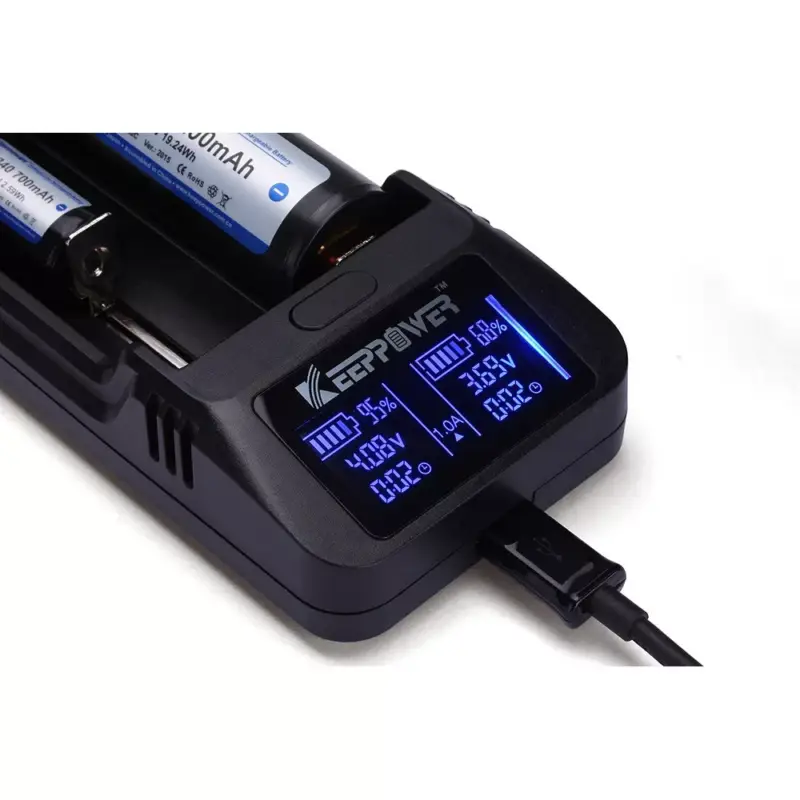 KeepPower LCD akku töltő Li-ion 14500/16340/CR123/18650/26650 cellákhoz Power bank funkcióval Bestseller
