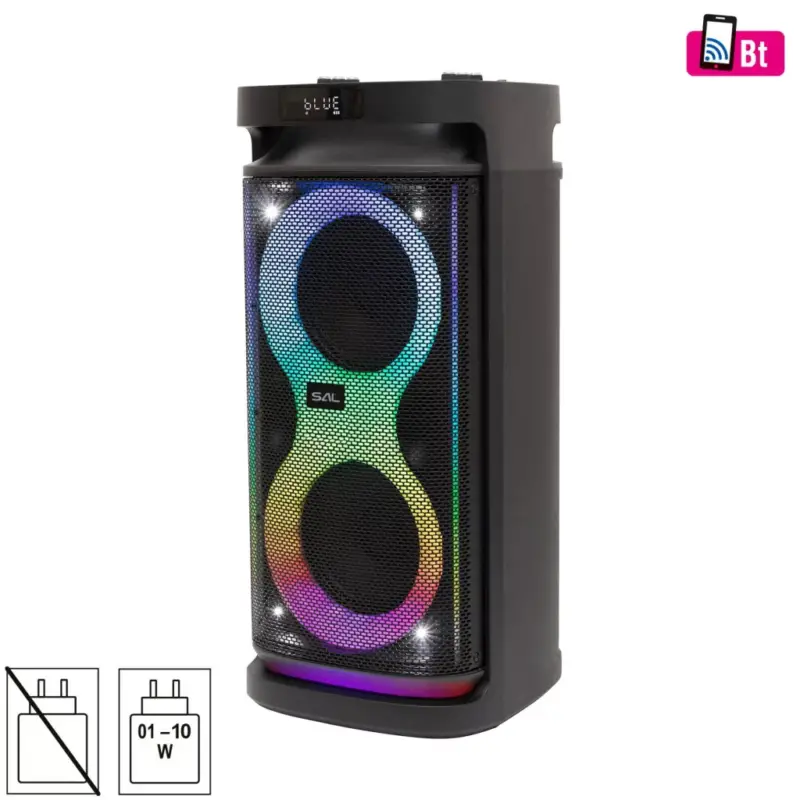 Szezonális akció SAL PAR2100BT party hangdoboz, 80W, beépített akkumulátor és LED fénnyel, Bluetooth, AUX és mikrofon bemenetek, 2-utas, 3 hangszóró
