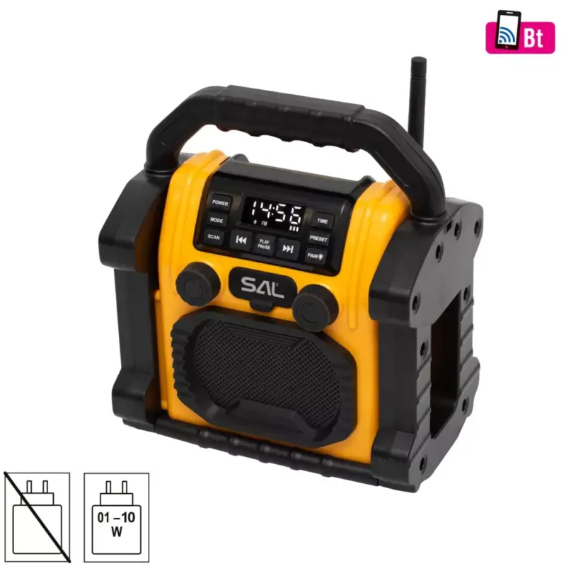 Azonnal elérhető SAL BTWORKPRO munka- és szabadidő hangszóró, multimédia lejátszó, Bluetooth, LED lámpa, power bank, IP55, ütésálló