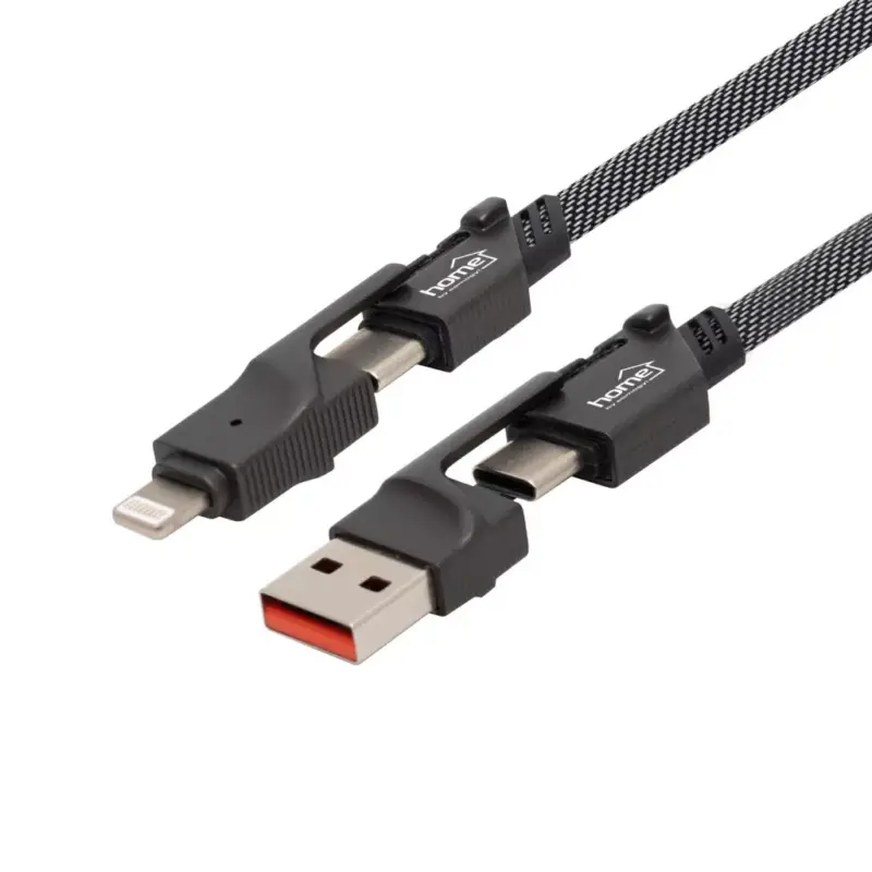Home USB4X1 töltőkábel, 4in1, USB C-C / A-C / C-LIGHTNING / A-LIGTNING, 1.1 méter, 66W gyorstöltés, szőtt nylon burkolat, lapos, gabalyodásmentes kábel Akciós ár